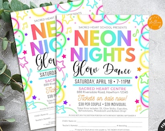 May include: Neon Nights Glow Dance event flyer with a colorful neon design. The flyer includes the event date, time, location, and ticket prices. The text "Neon Nights Glow Dance" is in a rainbow gradient font.