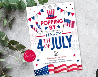 May include: A red, white and blue 4th of July themed printable card with a red, white and blue hat, fireworks and stars. The text reads "Popping By To Wish You A Happy 4th of July".