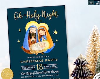Puede incluir: Una invitación a una fiesta de Navidad azul y dorada con una ilustración de acuarela de la Sagrada Familia. La invitación incluye el texto "Oh Holy Night", "Christmas Party", "December 18", "5PM-9PM", "Our Lady of Sacred Heart Church", "888 Riversdale Rd, Hawthorn 12345", "Bring an ornament to exchange and a dish to share!" y "RSVP to Miranda by Dec 10 at 123 456 7890".