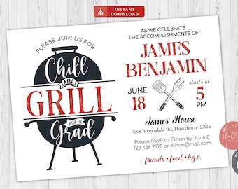 Editable BBQ Graduation Invitation, Digital College Grad Invite, Guy, Man Senior Grad Party, Grill & Chill BBQ Invite, Instant Download