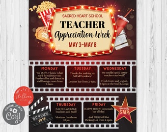 May include: A red and white movie-themed poster for Teacher Appreciation Week at Sacred Heart School. The poster features a red marquee with the words "Teacher Appreciation Week" and the dates "May 3-May 8". The poster also includes images of popcorn, a drink, and a film reel.