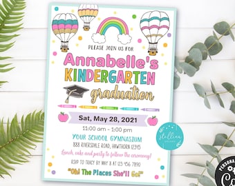 Editable Graduation Invitation, Printable Kindergarten Preschool Pre K Graduate School Graduation Ceremony Invite, Places She'll Go Theme