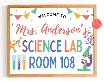 Bearbeitbares Science Lab Türschild: Lehrer Klassenzimmer Dekor (CANVA Vorlage) Handgezeichnet Bunt