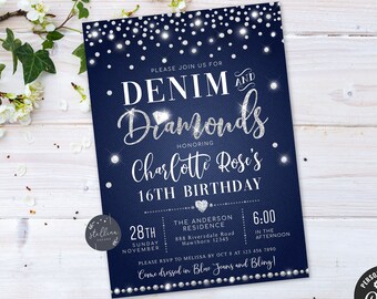 ANY AGE Denim and Diamonds Birthday Party Invitation Surprise Party Digital Invite, Ladies Night Country Party Bling Party EDITABLE Template