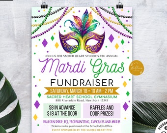 Pode incluir: Um panfleto de arrecadação de fundos para o Mardi Gras com um esquema de cores roxo, verde e dourado. O panfleto apresenta uma máscara de carnaval colorida, contas e confete. O texto diz "Junte-se a nós para o 8º Mardi Gras anual da Sacred Heart School, sábado, 18 de março - das 10h às 14h, Ginásio da Sacred Heart School, 888 Riversdale Road, Hawthorn 12345, € 8 antecipadamente, € 18 na porta, Rifa e prêmios! Lançamento de balões, DJ, pintura facial, cupcakes e muito mais! Os ingressos podem ser comprados no escritório principal da escola. Evento patrocinado pela Sacred Heart PTO. Entre em contato com Melissa no 123-456-7890 para quaisquer perguntas ou para se voluntariar neste evento. Personalize com Corjl."