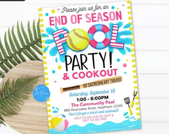 Puede incluir: Una invitación colorida para una fiesta de fin de temporada en la piscina y una barbacoa. La invitación presenta una pelota de béisbol, un salvavidas y una piscina con salpicaduras de agua. El texto dice "¡Por favor, únase a nosotros para una fiesta de fin de temporada en la piscina! & Barbacoa. ¡Vamos Sacredheart Tigers! Sábado, 18 de septiembre, 1:00-6:00 PM. La piscina comunitaria, 888 Riversdale Road, Hawthorn 12345. ¡No olvides una toalla y un traje de baño! RSVP a Melissa antes del 8 de septiembre. Texto 123-456 7890."