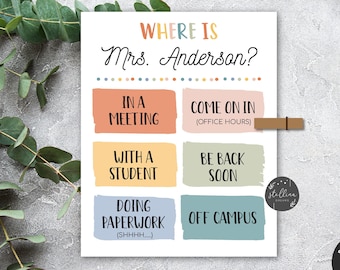 Where's the Teacher Sign, Classroom Door Sign, Rainbow Pastel Colors Custom Teacher Gifts EDITABLE Teacher Door Hanger, Classroom Management