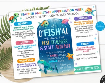 May include: A colorful printable poster for Teacher and Staff Appreciation Week at Sacred Heart Elementary School. The poster features an ocean theme with a blue whale, a yellow fish, and a sea turtle. The poster lists activities for each day of the week, including a donut breakfast, a Mexican lunch, a cookie bar, a fresh salad bar, and an outdoor BBQ.