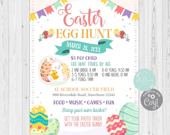 Easter Egg Hunt Flyer, Printable Invite Easter Party Invitation, pto pta, Church Community, Kids Easter Bunny Event, Editable Easter Flyer