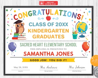 EDITABLE Graduation Certificate Printable Diploma Kindergarten Preschool PreK Graduate School Graduation Ceremony ANY GRADE Instant Download
