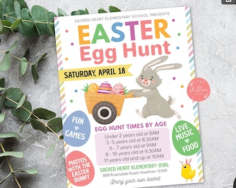 Printable Easter Egg Hunt Flyer, Kids Easter Bunny Event, Invite Easter Party Invitation, pto pta, Church Community, EDITABLE Flyer Template