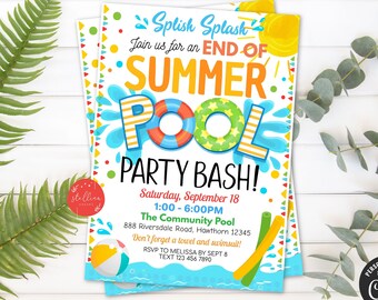 End of Summer Pool Party Invitation, Printable Digital Invite, Back to School, Backyard Party, Splish Splash, Goodbye Summer EDITABLE invite