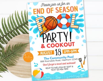 May include: An invitation to an end of season pool party and cookout. The invitation is blue and white with a basketball, a life preserver, and a grill. The party is on August 18th from 1 pm to 6 pm at the Community Pool, 888 Riversdale Road, Hawthorn 12345. RSVP to Melissa by September 8th, text 123 456 7890.