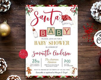 May include: A Christmas-themed baby shower invitation with a red and white plaid background. The invitation features a Santa hat, a baby bottle, and the words "Santa Baby". The text on the invitation reads "Please join us for a baby shower in honor of Samantha Anderson. 28th Saturday December. The Anderson Residence 888 Riversdale Road Hawthorn 12345 7:00 in the afternoon. RSVP to Amanda by October 8 at 123 456 7890. Samantha is registered at Amazon & Target."