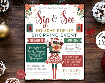 May include: A festive holiday shopping event invitation with a red and green plaid background. The text reads "Sip & See Holiday Pop Up Shopping Event" with the date "December 18th" and time "10am-5pm". The event is hosted by Sacred Heart Boutique Mall. The invitation features a cartoon illustration of a woman wearing a red dress and a Santa hat, carrying a gift-wrapped box. The text also mentions free mimosas and appetizers all day, as well as a free Christmas scented candle for the first 18 people.