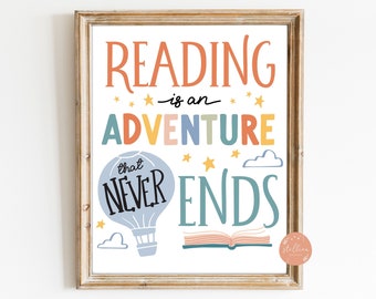 Reading is an adventure, School Library decor, Reading Printable Poster, Classroom Reading Nook Classroom Reading Poster, classroom tapestry