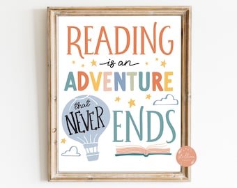 Reading is an adventure, School Library decor, Reading Printable Poster, Classroom Reading Nook Classroom Reading Poster, classroom tapestry