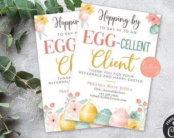 May include: A printable Easter-themed business card with a floral design and the text "Hopping by to say hi to an EGG-CELLENT Client". The card includes a thank you message for referrals and happy Easter wishes. The card is personalized with the name "Miranda Rose Jones" and contact information.