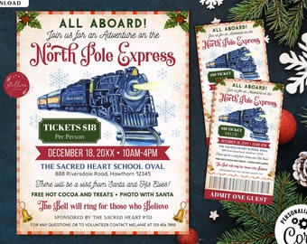 May include: A printable invitation for a North Pole Express themed event. The invitation features a vintage-style illustration of a train with the words "All Aboard! Join us for an Adventure on the North Pole Express" in red and white text. The invitation also includes details about the event, such as the date, time, location, and ticket price.