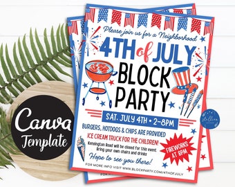 Editable 4th of July Block Party Invitation: BBQ Picnic Flyer (CANVA Template)