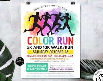 Color Run Flyer Printable Invitation, Community Fundraising Event, Charity School Benefit Fundraiser Run, 5k 10k Race Flyer EDITABLE Poster