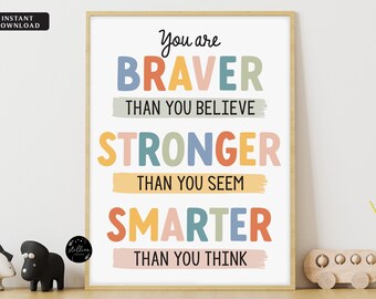 Braver Smart Stronger Than You Think, School Counselor Office Decor, Classroom Decor High School Classroom Poster, Self Esteem Printable Art