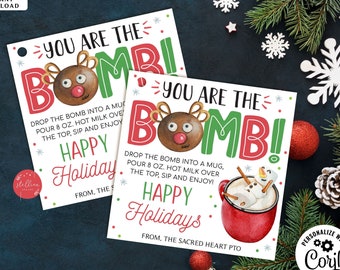 May include: Two printable Christmas gift tags with a red and green reindeer illustration and the text "You are the Bomb!"  Drop the bomb into a mug, pour 8 oz. hot milk over the top, sip and enjoy! Happy Holidays!"
