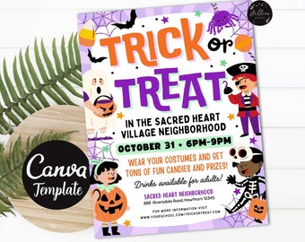 Könnte beinhalten: Lila und grüne Halloween-Einladung zum Trick or Treat mit einer Spinne, Fledermäusen und Geistern. Der Text lautet "Trick or Treat" im Sacred Heart Village Neighborhood am 31. Oktober von 18:00 bis 21:00 Uhr. Ziehen Sie Ihre Kostüme an und erhalten Sie jede Menge lustige Süßigkeiten und Preise! Getränke für Erwachsene!