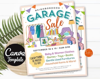 Garage Sale Flyer, Printable PTA PTO Flyer, School Church Fundraiser, Neighborhood Rummage Sale Event Poster Flyer Editable CANVA Template