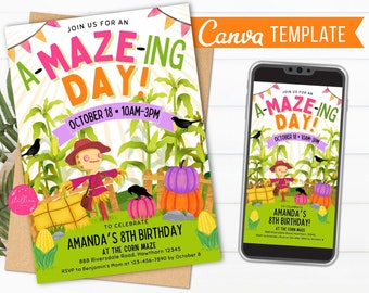 Convite de aniversário com tema de labirinto de milho: festa de abóboras no outono (modelo CANVA)