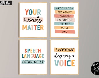speech therapy room decor, Speech therapy poster, therapy office decor, speech poster, slp wall art, classroom posters, Raibow Boho Set of 4