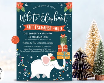 Puede incluir: Una invitación navideña azul y roja para una fiesta de intercambio de regalos White Elephant. La invitación presenta un elefante blanco que lleva una pila de regalos envueltos. El texto de la invitación dice "White Elephant Gift Exchange Party" e incluye la fecha, la hora, la ubicación y la información de RSVP.