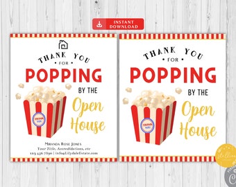 May include: Two printable thank you cards with a red and white striped popcorn bucket and the text "Thank you for popping by the open house".