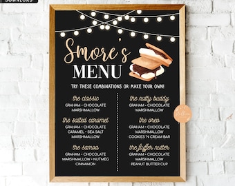 EDITABLE S'mores Menu, Printable Smores Menu, S'mores Sign, Bonfire Party Signs, Birthday Bonfire Signs, Chalkboard S'Mores Sign, wedding
