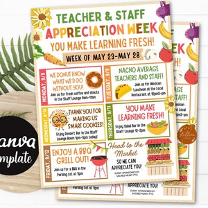 Bearbeitbares Bauernmarkt-Thema Lehrer- und Mitarbeiterschätzungswoche, Reiseplanposter, Sie machen Lernen frisch Fundraiser Flyer CANVA-Vorlage