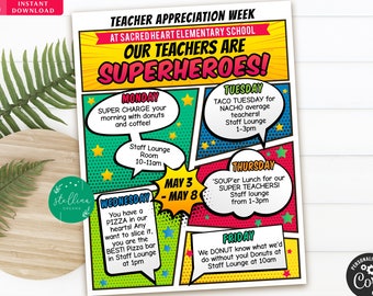 EDITABLE Superhero Teacher Appreciation Week Itinerary Poster, Appreciation Week Schedule Events, Digital File Printable, INSTANT DOWNLOAD