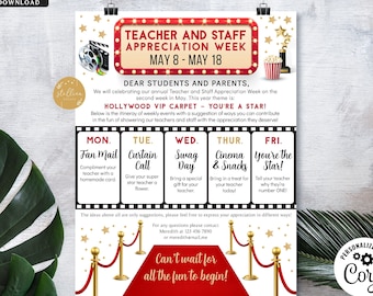 Hollywood Teacher Appreciation Staff Invitation Newsletter, Printable Appreciation Week of Events, Take Home Flyer, Editable Template DIY