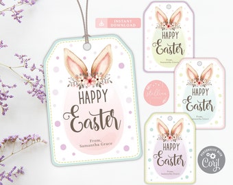 Etichette coniglietto pasquale, etichette Pasqua felice stampabili, stampabili pasquali, etichette pasquali, buona Pasqua, etichette regalo pasquali, download istantaneo, orecchie da coniglietto