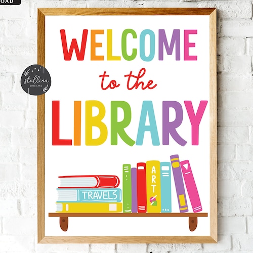 Welcome Library School Sign Printable School Library Poster - Etsy