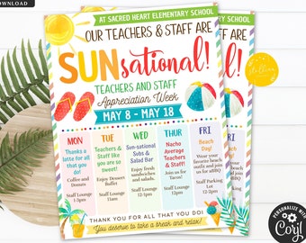 EDITABLE Beach Theme Teacher Appreciation Week Itinerary, Tropical Hawaii You are Sun-sational Watercolor Theme Schedule Events Printable
