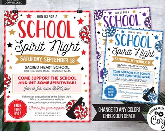 School Spirit Flyer, School Spirit Night Party, Spirit Night Fundraiser, School Fundraiser School PTO PTA Flyer Event, EDITABLE Template
