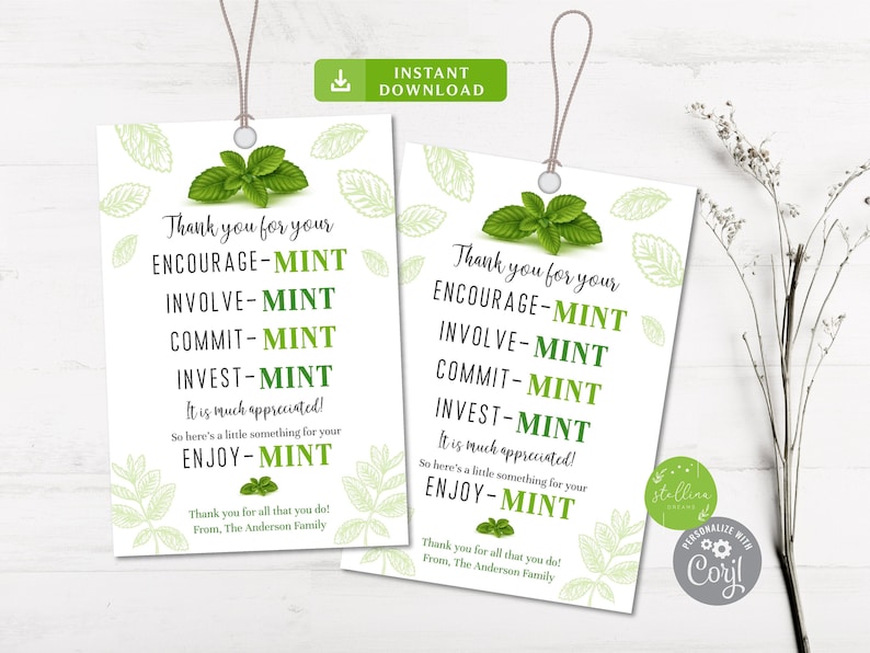 Printable Mint Thank You Tags, Volunteer Mint Labels, Printable, Thank ...