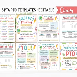 Könnte beinhalten: Eine Sammlung von acht bearbeitbaren PTA/PTO-Vorlagen mit einem Canva-Logo. Die Vorlagen umfassen einen Veranstaltungskalender, Details zum ersten PTO-Treffen, einen Newsletter, ein Freiwilligenformular, ein Mitgliedsformular und andere Informationsdokumente. Die Designs verfügen über farbenfrohe Grafiken und Text.