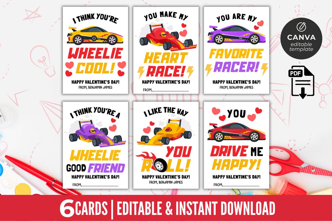 Race Car Valentine Cards for Kids | Printable Classroom Valentines ...