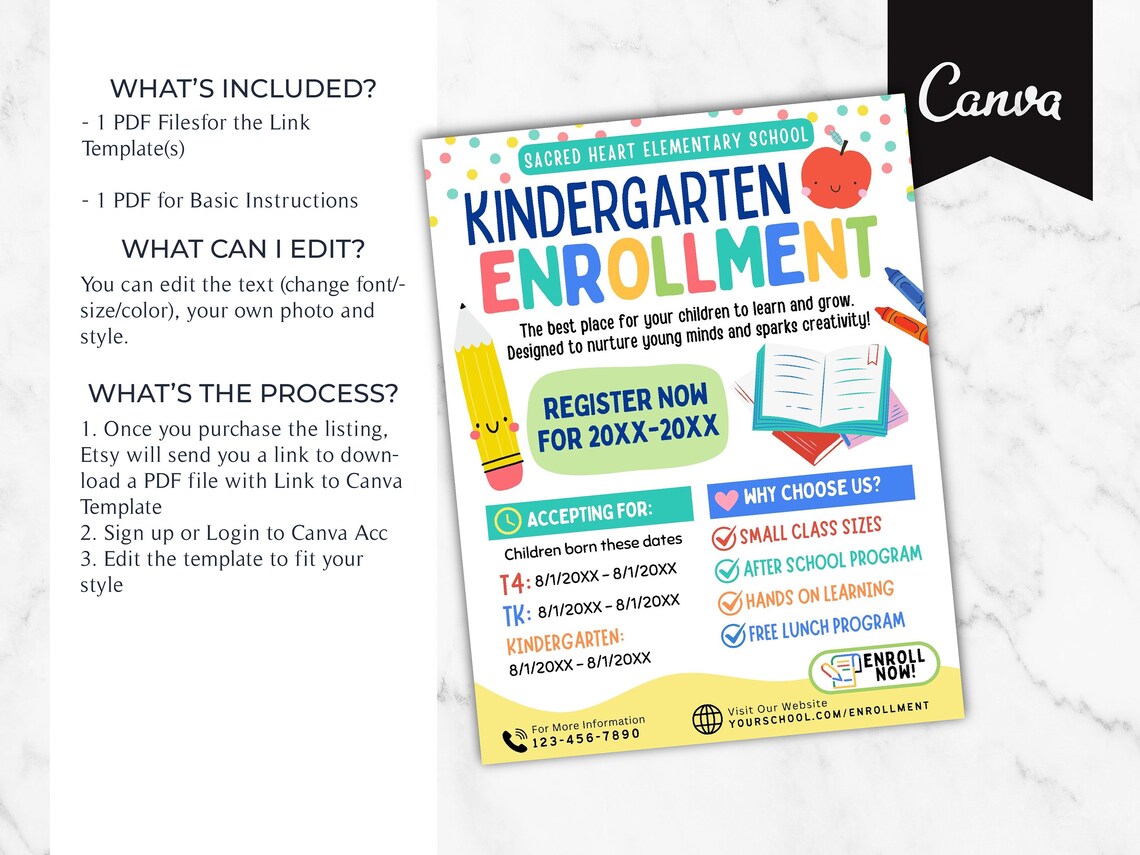 Kindergarten Enrollment Flyer: Editable School Template (CANVA Template ...
