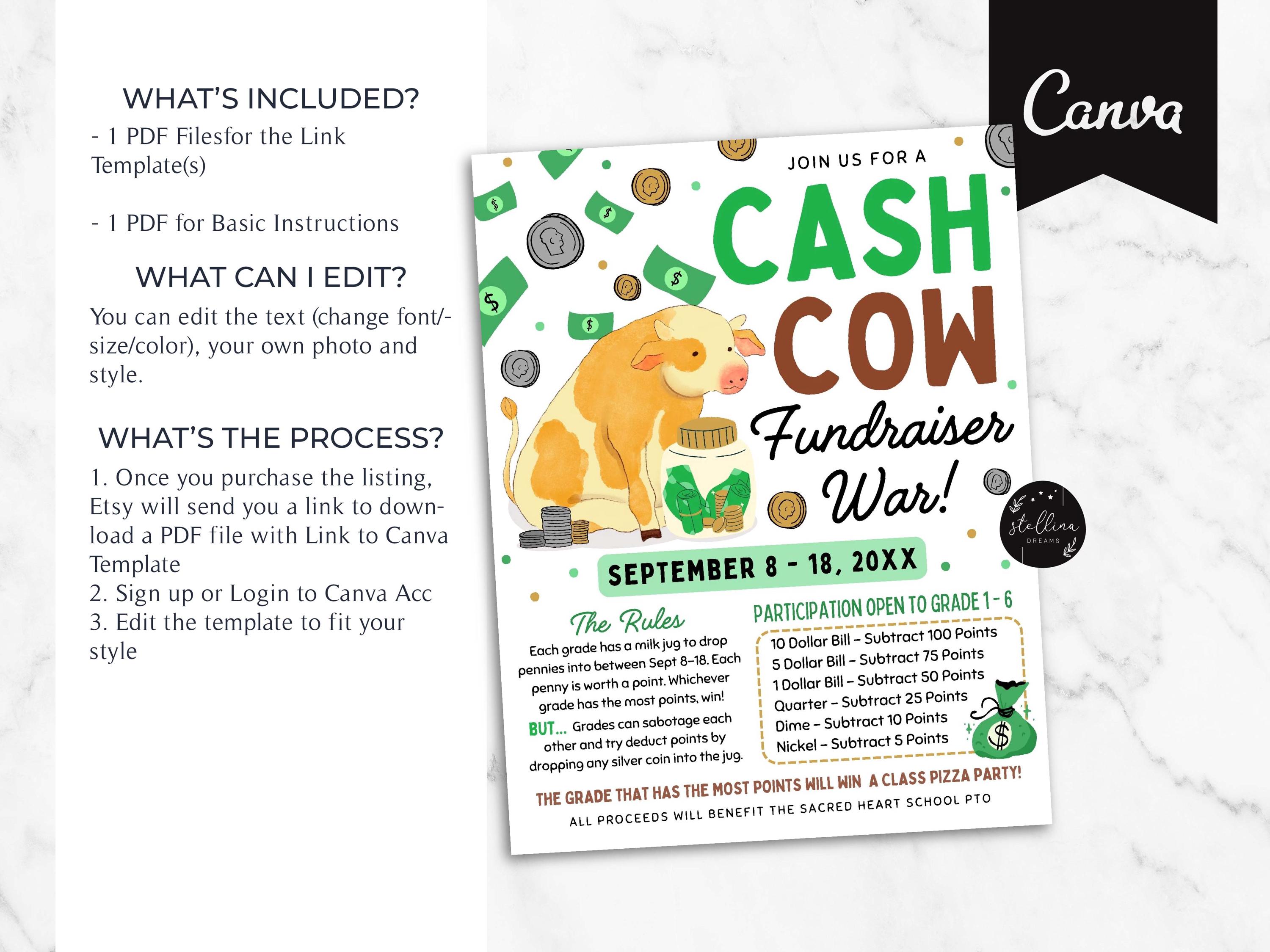 Cash Cow Fundraiser Flyer: School Event Template (CANVA) Dollars War ...