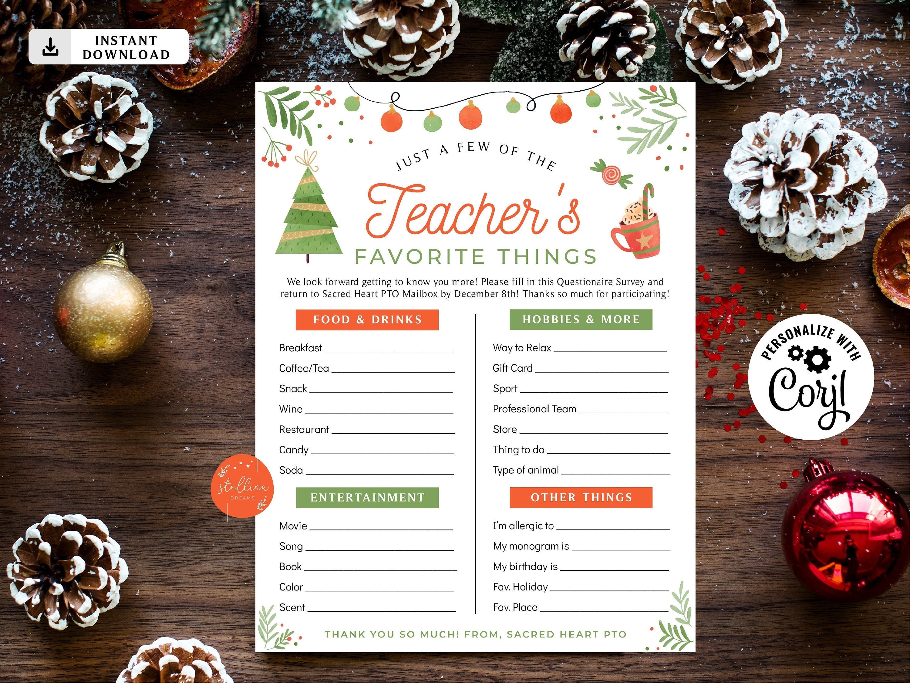 editable christmas teacher favorites survey, teacher holiday wish
