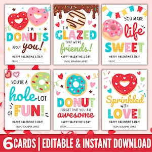 May include: A set of six Valentine's Day cards with donut-themed designs. Each card features colorful text and illustrations, including phrases like "Donuts about you!" and "Sprinkled with Love!" The cards are available as an editable template.