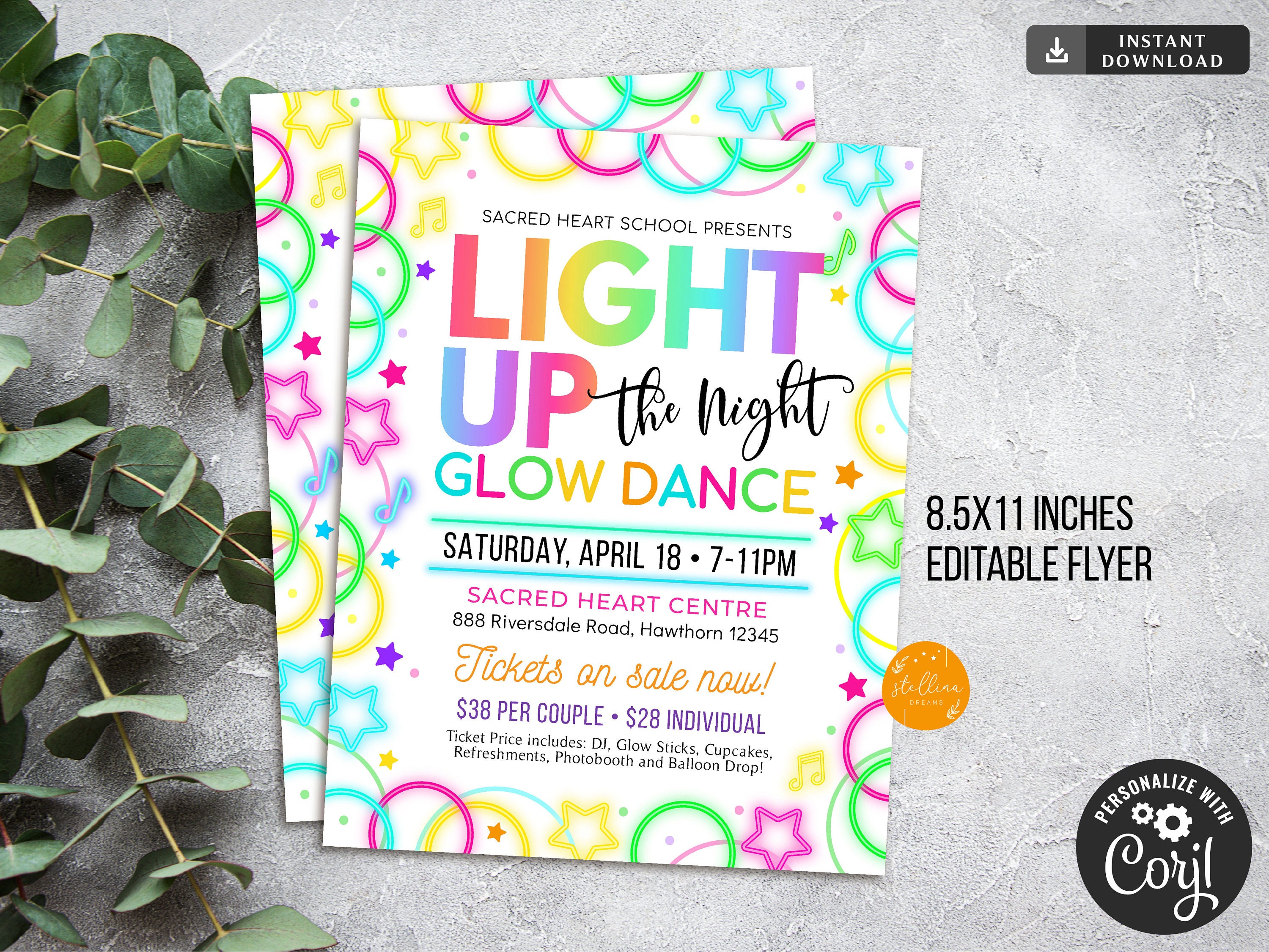 Glow Dance Set School Dance Flyer Party Invite, Church Community Event ...