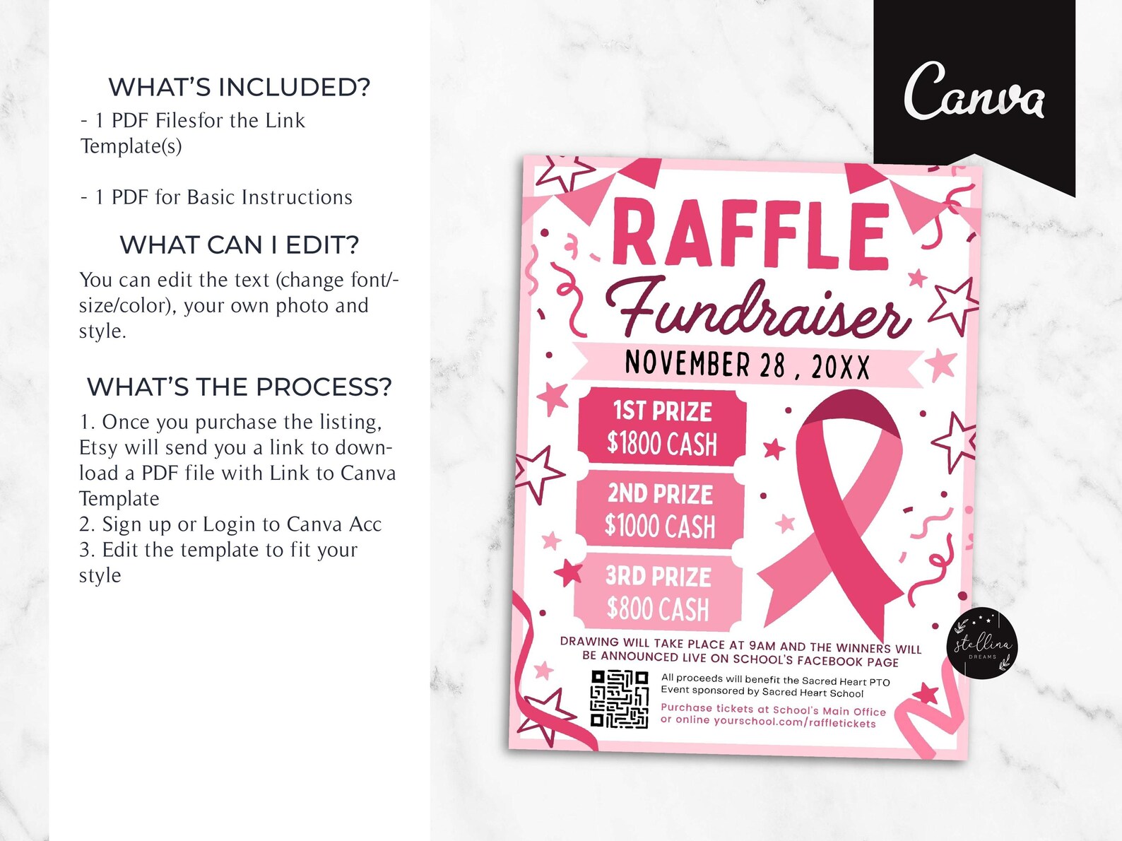 Pink Ribbon Raffle Fundraiser Flyer for Cancer: Editable Canva Template ...